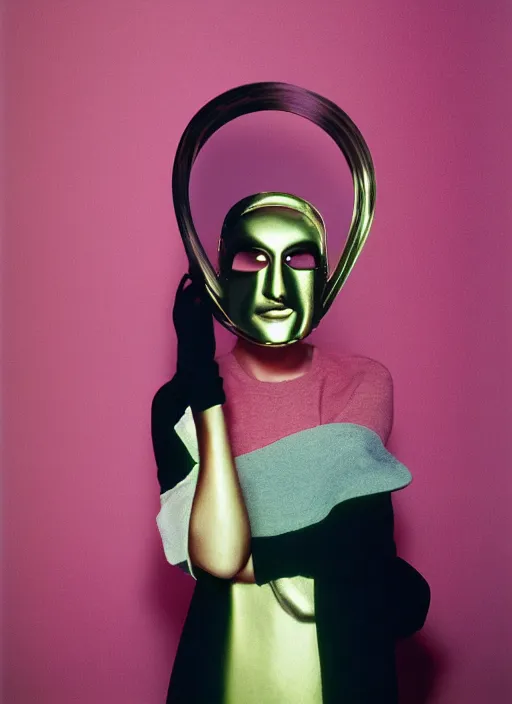 Prompt: a fashion portrait photograph of a woman wearing a metal mask designed by james turrell, 3 5 mm, color film camera,