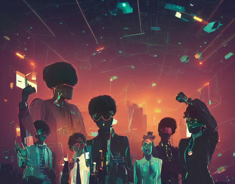 Prompt: afro - afrofuturism - futuristic philanthropists, business attire and money, cryto currency, hacking the financial multiverse | hyperrealistic digital art | by makoto shinkai, ilya kuvshinov, lois van baarle, rossdraws | afrofuturism, in the style of black is beltza, trending on artstation | dark color scheme