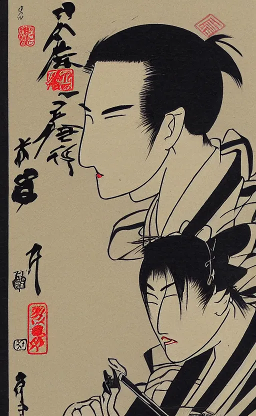 Image similar to by akio watanabe, manga art, male calligrapher running with brush, kimono, trading card front