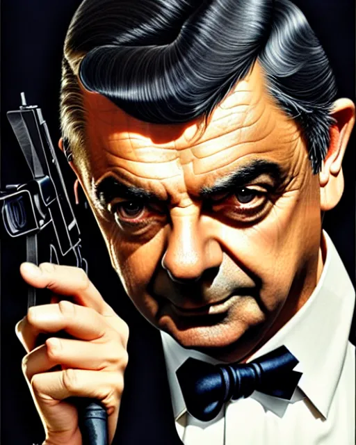 Image similar to rowan atkinson as james bond, suave looking, fine details, realistic shaded lighting poster by greg rutkowski, magali villeneuve, artgerm, jeremy lipkin and michael garmash and rob rey