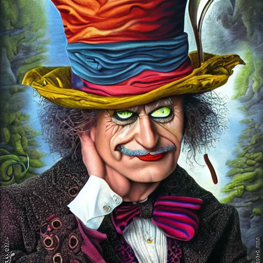 Image similar to close up of the mad hatter who looks like salvador dali in wonderland by jacek yerka and salvador dali, detailed matte painting, 8 k resolution