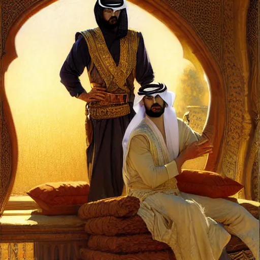 Image similar to attractive fully clothed arab king confesses his love for his attractive fully clothed male prince. highly detailed painting by gaston bussiere, craig mullins, j. c. leyendecker