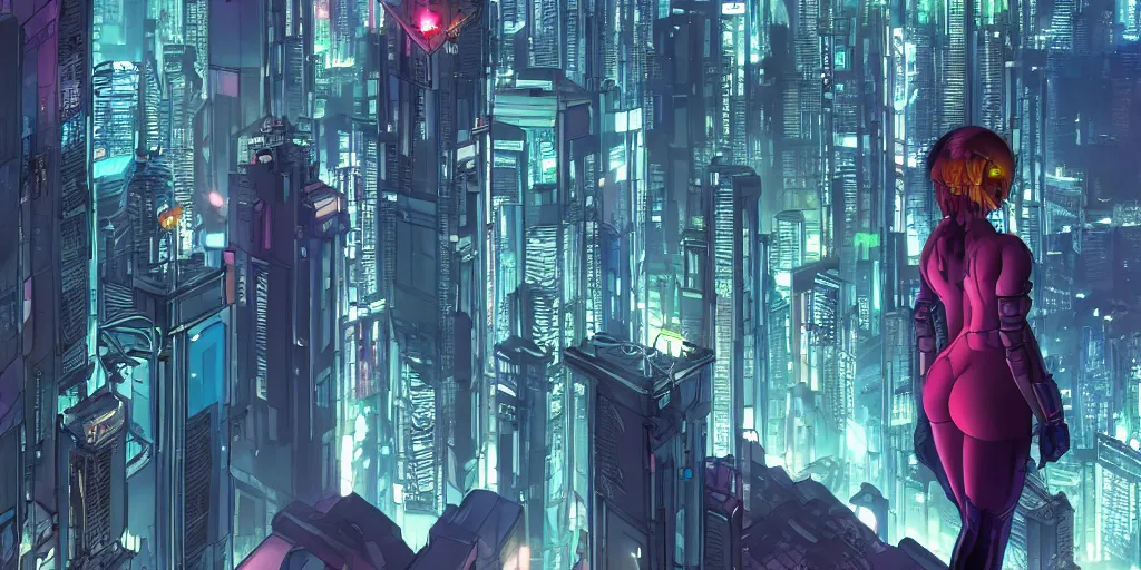 Prompt: woman overlooking a cyberpunk city from the top of a skycraper, ghost in the shell, masamune shirow, color page tankoban, neon, futuristic, moody lighting, trending on pixiv, sharp focus, 4 k