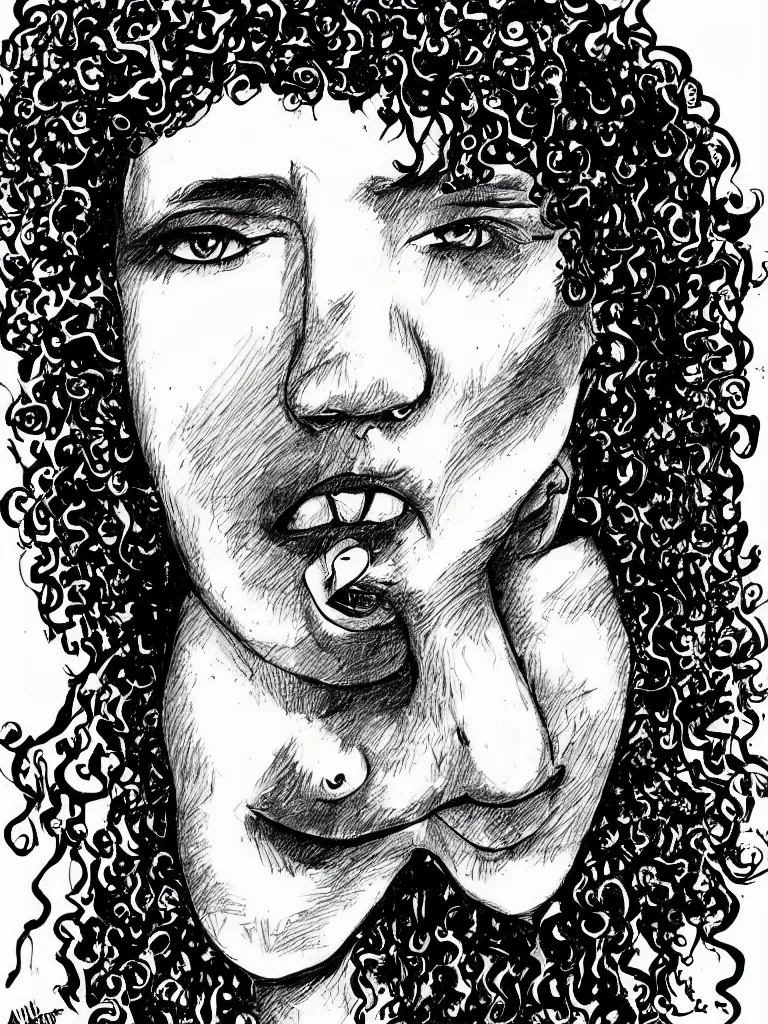 Prompt: face portrait of a teenager with a big nose and curly black hair, hand drawn illustration, ink and marker, by andrea pazienza