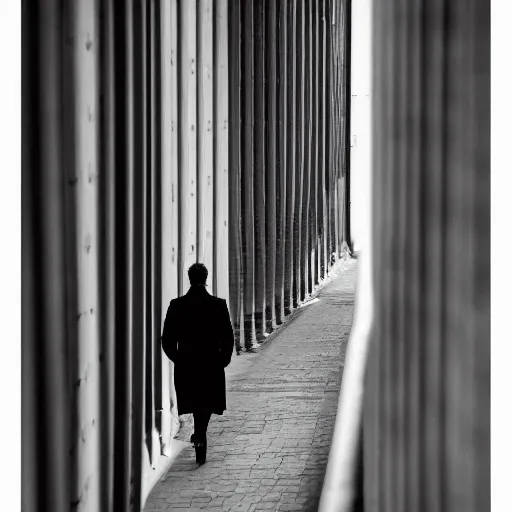 Image similar to A high angle dramatic portrait of a man wearing red coat , walking in a black and white street . Cinematic lighting