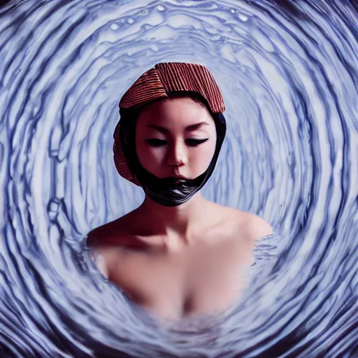 Image similar to beautiful woman in liquid fluid simulation, female upper body, beautiful supermodel, black wave patterns, cinematic light, cinestill, film still, body portrait, geisha, optical illusion, art noveau, female balaclava