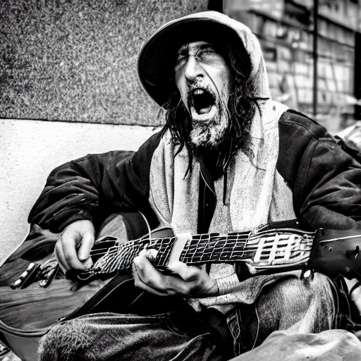 Prompt: A homeless man singing a metal song, black and white.