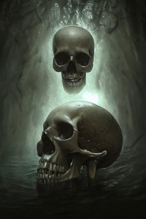 Image similar to a human skull floating in deep dark murky water!!!, underwater atmospheric moody, dark surreal mood! cinematic volumetric lights, bust portrait, dnd, fantasy, intricate, elegant, highly detailed, digital painting, artstation, concept art, smooth, sharp focus, illustration, art by artgerm and tom bagshaw and greg rutkowski and alphonse mucha