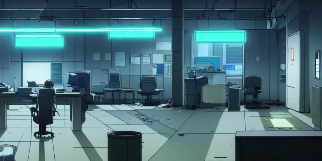 Prompt: an empty quiet quiet after hours cyberpunk police office office in the cyberpunk neon noir anime film, Shichiro Kobayashi, screenshot in the anime series ergo proxy ergo proxy ergo proxy and Detroit metal city, interior