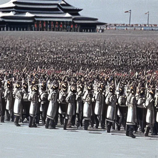 Prompt: Alternate history, Mongol Empire, Ulaanbaatar 1987, Mongol Empire military parade, photograph, 1980s