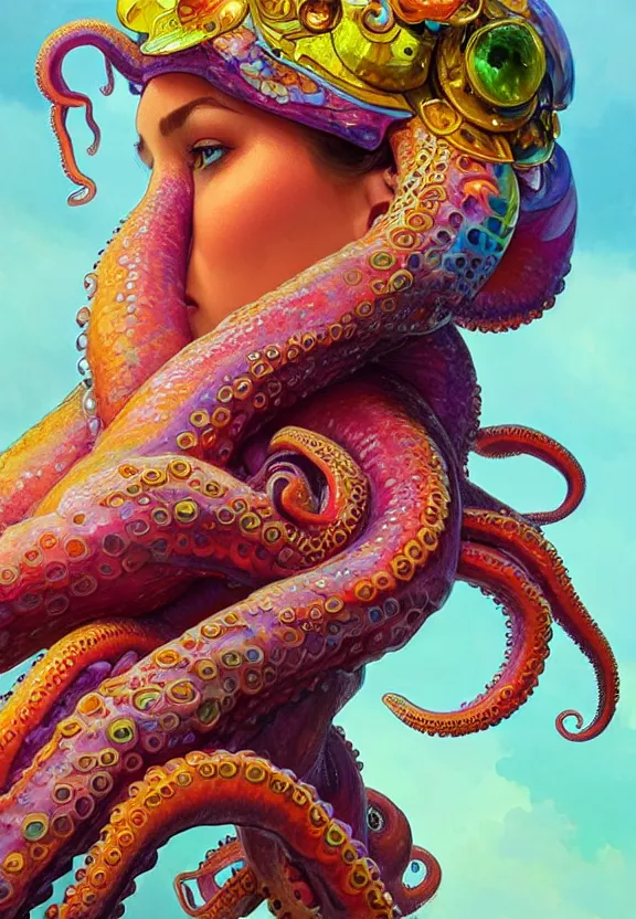 Prompt: close up of a beautiful woman wearing a colourful octopus as a hat, fantasy, intricate, elegant, highly detailed, digital painting, artstation, concept art, smooth, 8 k, sharp focus, illustration, art by artgerm and greg rutkowski and alphonse mucha