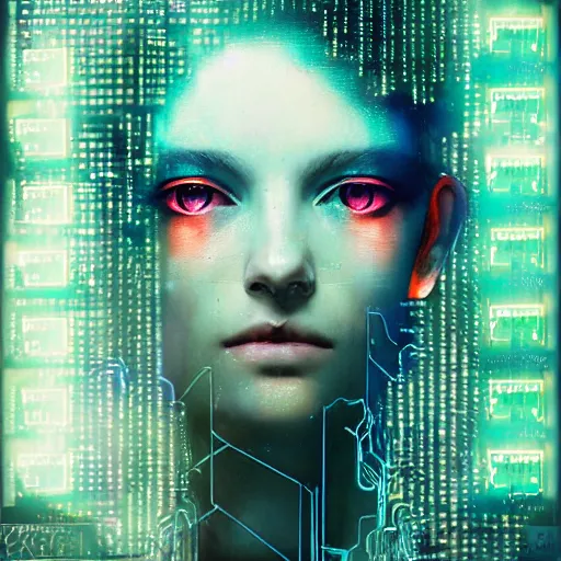 Prompt: female cyberpunk portrait by cy Twombly and BASTIEN LECOUFFE DEHARME, highly detailed circuit boards, led display, iridescent fractal, integrated wiring, high tech, neon lights, artistic