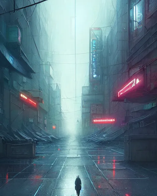 Prompt: professional ominous concept art of a dreary cyberpunk downtown street by artgerm and greg rutkowski. an intricate, elegant, highly detailed digital painting, concept art, smooth, sharp focus, illustration, in the style of simon stalenhag, wayne barlowe, and igor kieryluk.