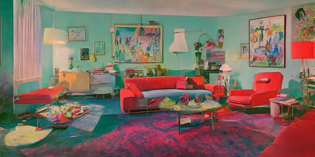 Image similar to detailed sharp photograph in the style of popular science circa 1 9 5 5 and gregory crewdson of a 1 9 5 0 s living room with art by leroy neiman