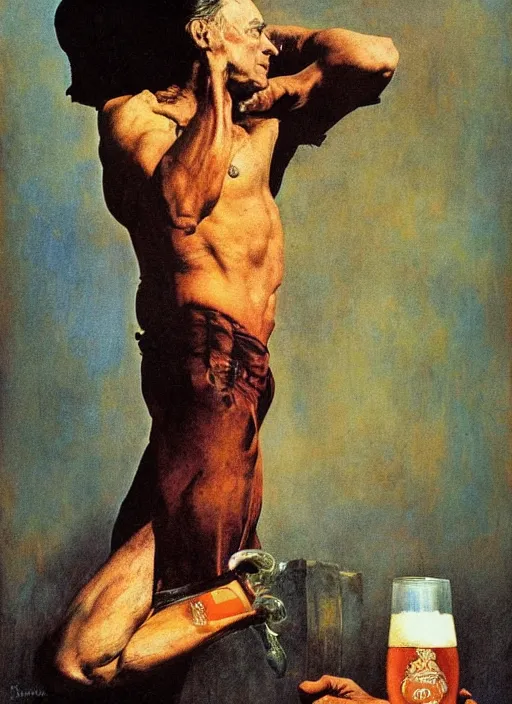 Image similar to upper body portrait of udo kier drinking a pint of moretti beer, by frank frazetta and lawrence alma-tadema and zdzislaw beksinski and norman rockwell and jack kirby