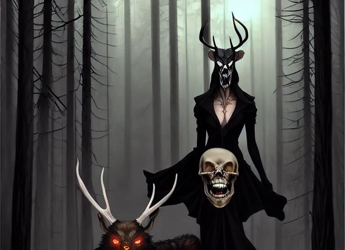 Image similar to style artgerm, joshua middleton, diego fazio, j. c. leyendecker : : scary wendigo with antlers and skull face mixed with werewolf : : [ beautiful witch wearing a black dress, symmetrical face, on the right side ] : : in the forest, detailed, dark and foggy, cinematic lighting