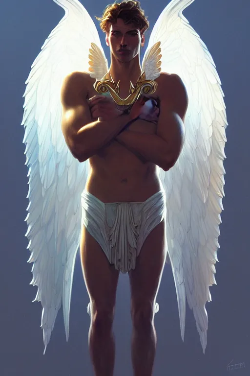 Image similar to a portrait of warren worthington, angel, male, fantasy, sharp focus, intricate, elegant, digital painting, artstation, matte, highly detailed, concept art, illustration, ambient lighting, art by ilya kuvshinov, artgerm, alphonse mucha, and greg rutkowski