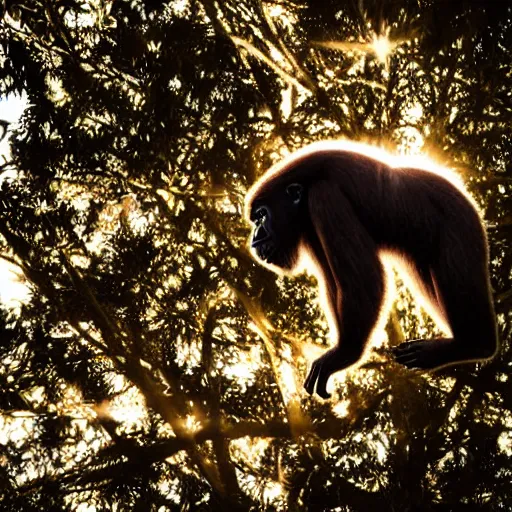 Image similar to rim light around fur of an ape on a tree, silhoutte, dim light, tree top, dslr award winning photo, nikon