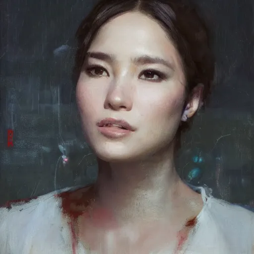 Prompt: Richard Schmid and Jeremy Lipking and antonio rotta, full length portrait painting of Yuna from Final Fantasy