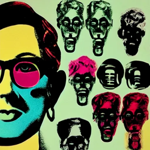 Image similar to silkscreen and lithography to create colorful cyborgs in the style of andy warhol