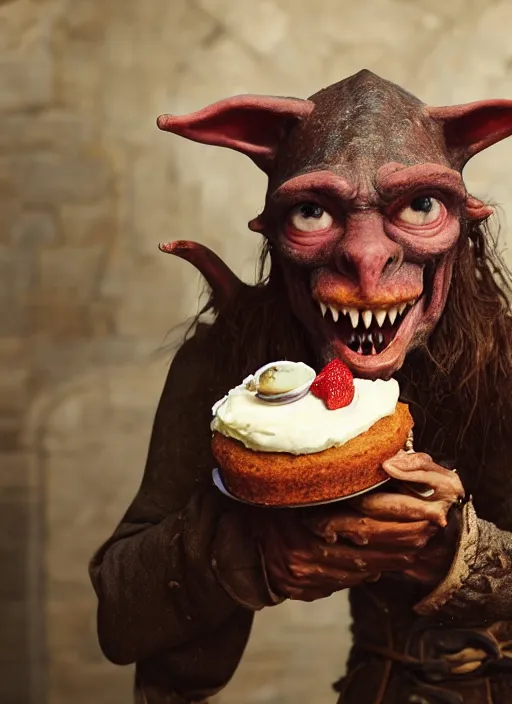 Image similar to closeup portrait of a medieval goblin eating cakes in the cloisters, depth of field, zeiss lens, detailed, symmetrical, centered, fashion photoshoot, by Annie Leibovitz and Steve McCurry, David Lazar, Jimmy Nelsson, Breathtaking, 8k resolution, extremely detailed, beautiful, establishing shot, artistic, hyperrealistic, beautiful face, octane render