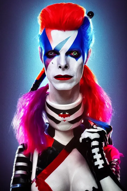 Image similar to portrait of david bowie as a harley quinn in suicide squad. intricate abstract. intricate artwork. by tooth wu, wlop, beeple, dan mumford. octane render, trending on artstation, greg rutkowski very coherent symmetrical artwork. cinematic, hyper realism, high detail, octane render, 8 k, iridescent accents