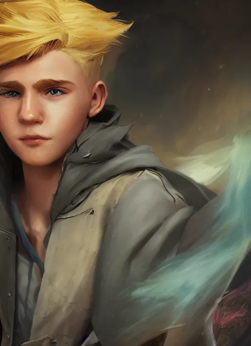 Image similar to An epic fantasy comic book style portrait painting of a young blonde boy thief, unreal 5, DAZ, hyperrealistic, octane render, cosplay, RPG portrait, dynamic lighting -20