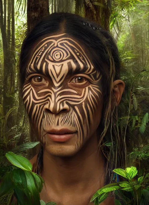 Prompt: beautiful matte painting of a portrait of a plant teacher spirit uchu sanango in the jungle, tribal face paintings, ayahuasca, matte painting, realistic