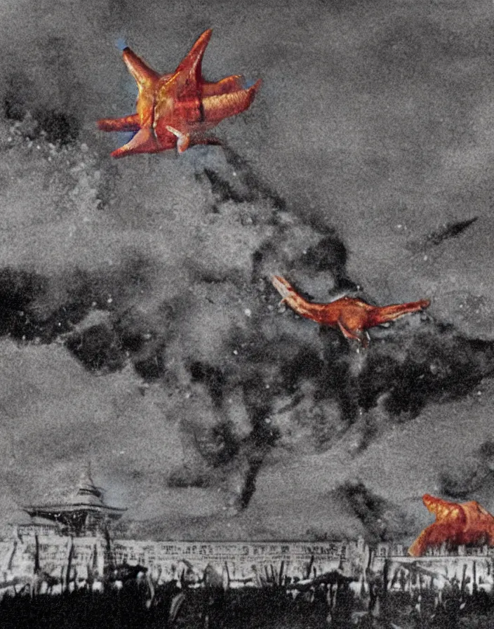 Image similar to a filmstill of a north korean monster movie, kaiju - eiga monster starfish - like trampling a traditional korean palace, foggy, film noir, epic battle, etheral, explosions, thriller, by akira kurosawa and wes anderson video compression