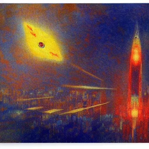 Image similar to cyborg flying on futuristic city by odilon redon