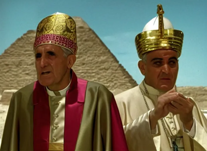 Image similar to a film still of the pope dresses in egyptian style as the faraoh, in the 1 0 commandments ( 1 9 5 6 ), technicolor color