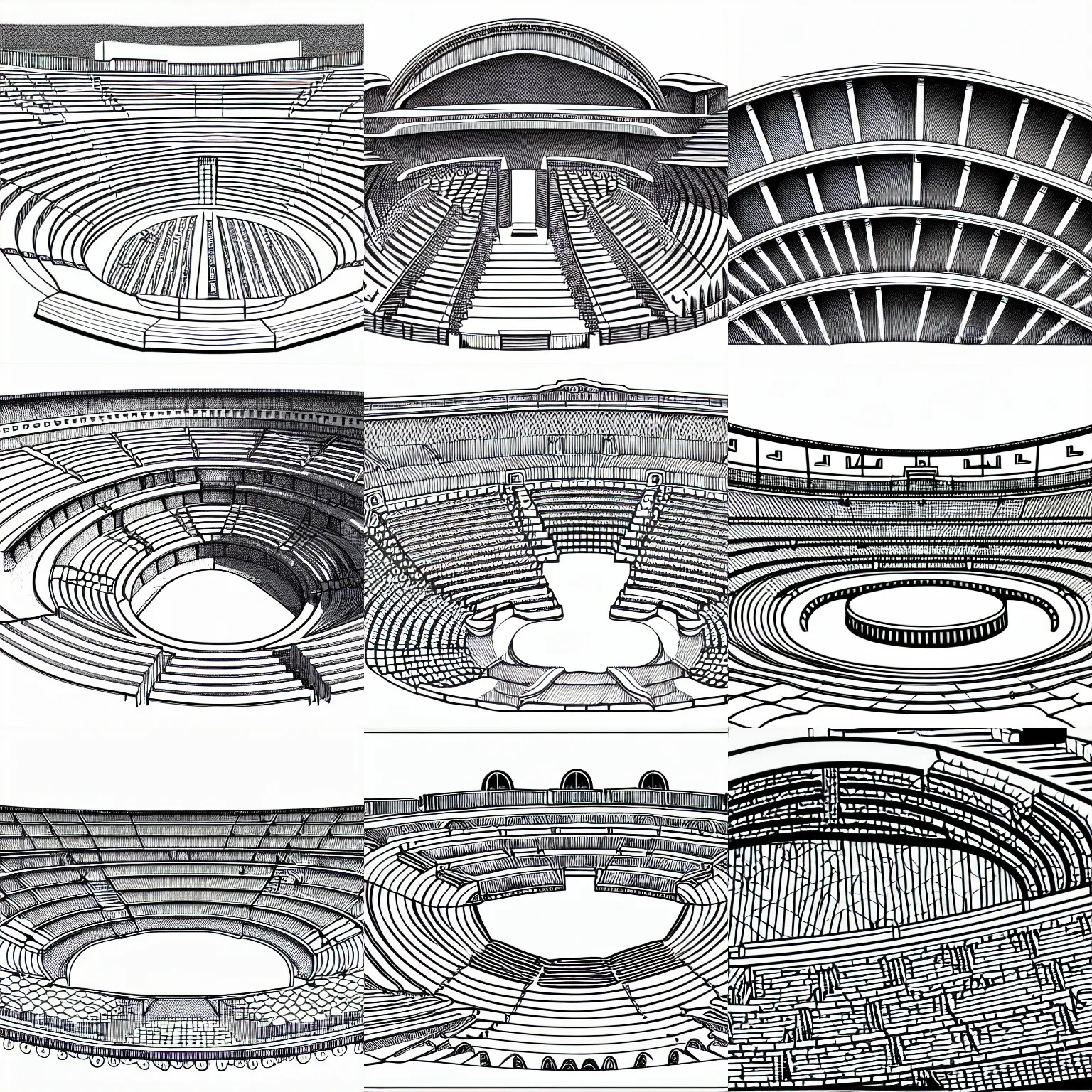 Prompt: highly detailed three quarter long shot of a section of ancient amphitheater in smooth shaded vector line - art style, sketch - up, white background