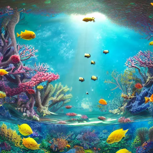 Image similar to fabulous treehouse mansion made of coral in underwater reef landscape with sunshine rays coming from above and fish swimming in the ocean, detailed magical realism painting 4 k,