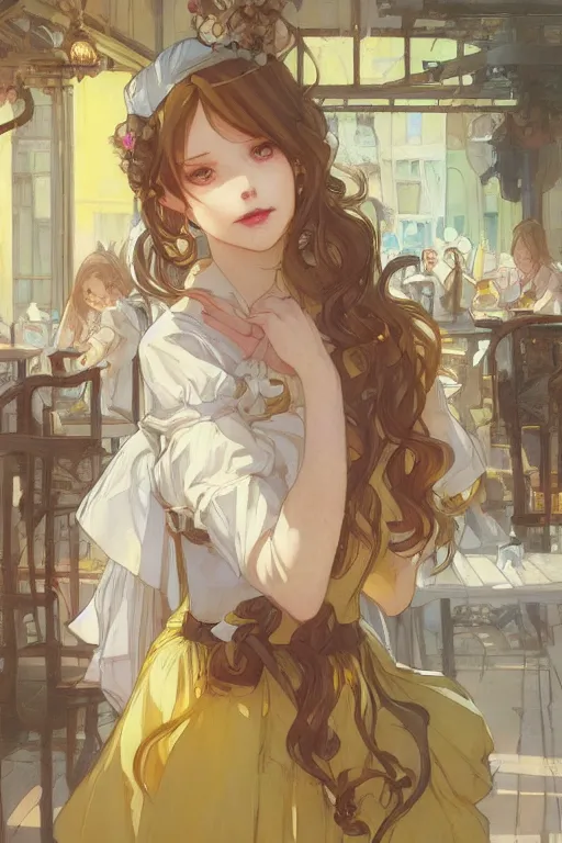 Image similar to A girl in a maid's outfit in a cafe a afternoon, wavy hair yellow theme,S line,45 angel by krenz cushart and mucha and wlop and greg rutkowski