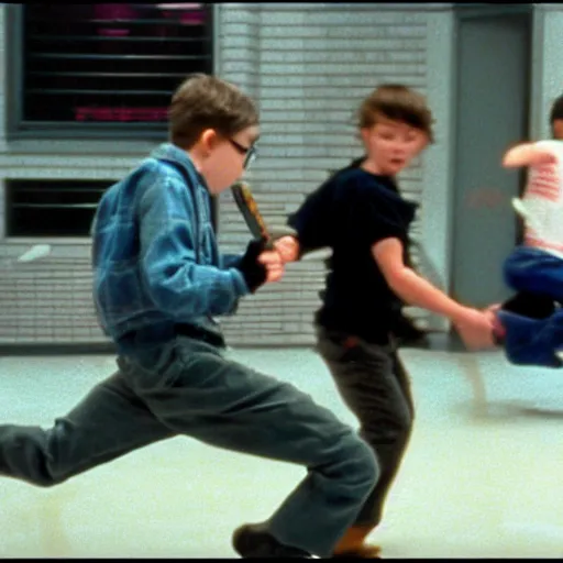 Image similar to film still from the movie 'Nerd Squad'' (1995). Exciting action scene. Sigma 85mm f/8