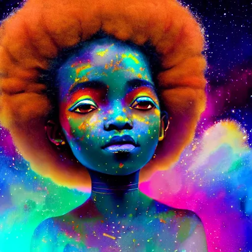 Prompt: a cute little african egyptian princess with a colorful afro sitting on a nebula cloud throne, bright colors, synthwave, watercolor, volumetric wool felting, felt, macro photography, children illustration, global illumination, radiant light, detailed and intricate environment, by goro fujita, bokeh!!!!