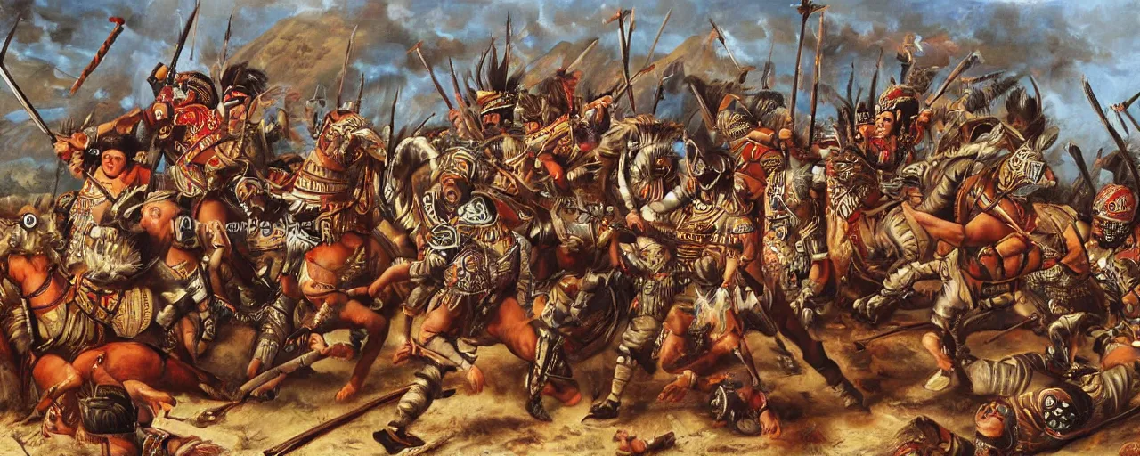 Prompt: spaniards conquerors fighting aztec jaguar warriors between the mexican pyramids, daniel lezama painting style, hyperrealistic, highly detailed