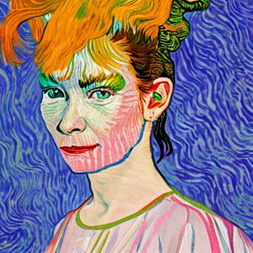 Image similar to very beautiful and very detailed and very colorful portrait of bjork, painted by van gogh