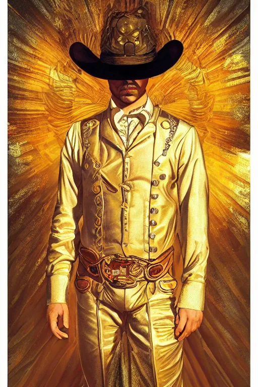 Prompt: a dramatic ethereal epic symmetrical painting of a handsome cowboy in a shimmering! golden! outfit | tarot card, art deco, art nouveau, (steampunk), homoerotic, realistic | by Dresden Codak, by Mark Maggiori and ((((Alphonse Mucha))) | trending on artstation