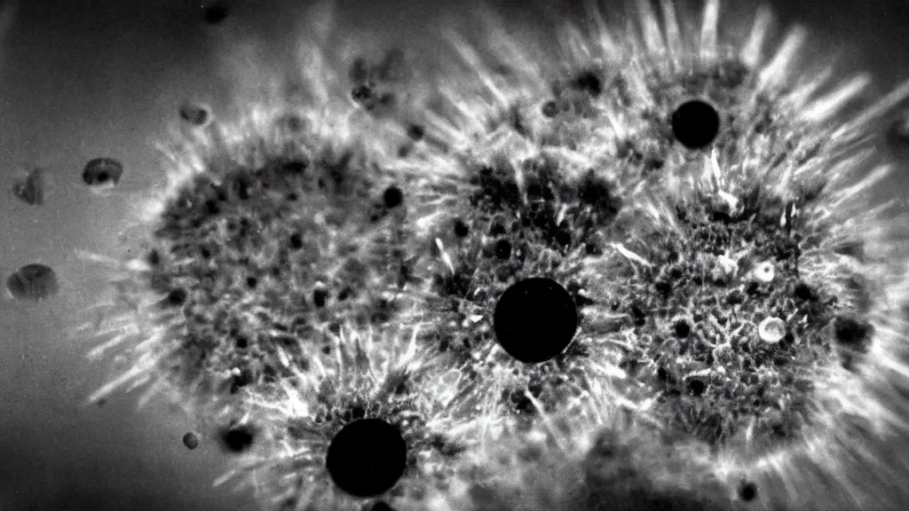 Prompt: a beautiful microscopic scientific photo of a virus and another strange life form seen through the electron microscope, dark, sinister, detailed, by philip henry gosse and haeckl