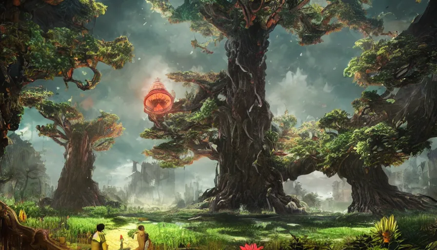 Image similar to ben lo illustration of the largest tree in the world under force field, bioshock concept art, solarpunk, hopeful, colorful, flowers, deity, unreal engine, hyper realism, realistic shading, cinematic composition, realistic render, octane render, detailed textures, photorealistic, wide shot