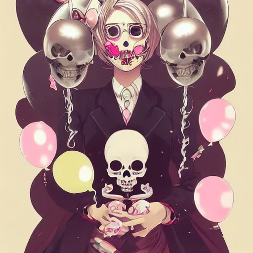 Image similar to anime skull portrait woman balloons, hello kitty, elegant, highly detailed, hard shadows and strong rim light, art by jc leyendecker and atey ghailan and sachin teng