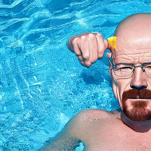 Prompt: photo of walter white relaxing in pool floater