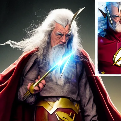 Image similar to Gandalf as DC Comics The Flash, dslr photo