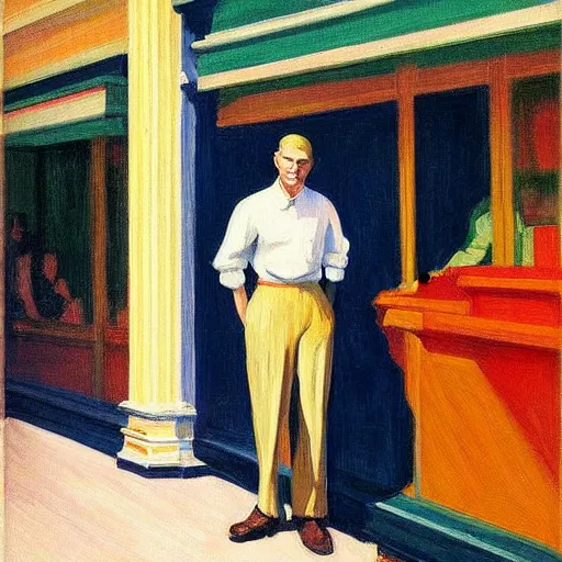 Image similar to a detailed painting, blonde man at a store, edward hopper,