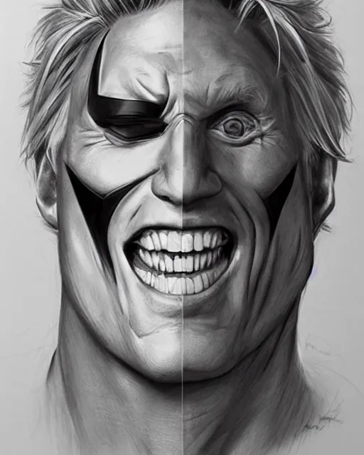 Image similar to a hyperrealistic portrait pencil sketch from a picture, of Gary Busey, smiling teeth, dressed as Batman by Peter Mohrbacher, technical drawing, blueprint diagram, trending on artstation