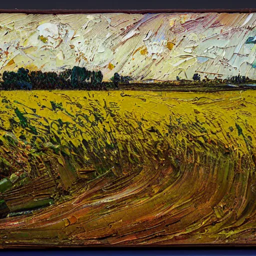 Image similar to oil paint impasto relief, beautiful evening view of an oilseed field, evening, multi layered thick brush marks, some splattered paint, in the style of ivan shishkin and frank auerbach and van gogh