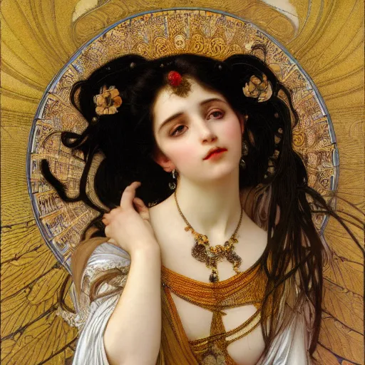 Image similar to highly detailed portrait of a beautiful cute girl with feathers, endless black hair, with pale skin, fibonacci, fragile, sitted on an intricate stone throne by alphonse mucha, nicola samuri, dino valls, m. w. kaluta, rule of thirds, seductive look, 4 k resolution