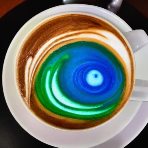 Prompt: caffe latte art that looks like aurora borealis, 4 k