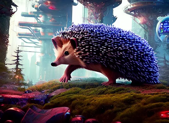 Image similar to giants mechanical hedgehog on the background of a weird magical mechanical forest. Very detailed 8k. Fantasy cyberpunk horror. Sharp. Cinematic post-processing. Unreal engine. Nanite. Ray tracing. Parallax. Tessellation